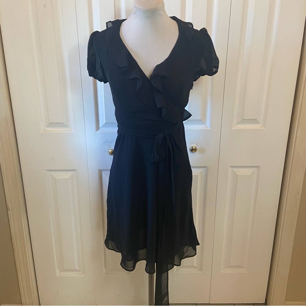 Chadwicks Black Ruffle Chiffon Dress with Wrap a Round Sash sz 4P
